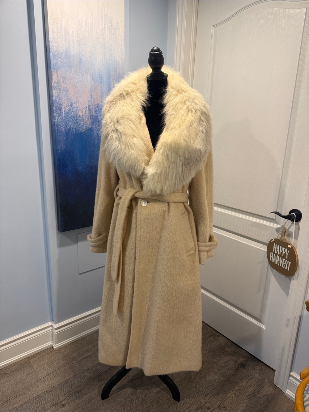 Cream Mohair Coat with Faux Fur Collar